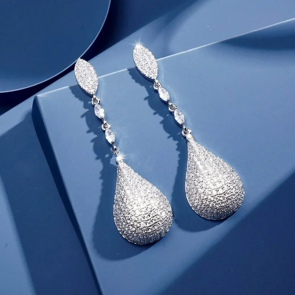 Silver Elegant Women's Cubic Zirconia Gold Plated Pendant Earrings